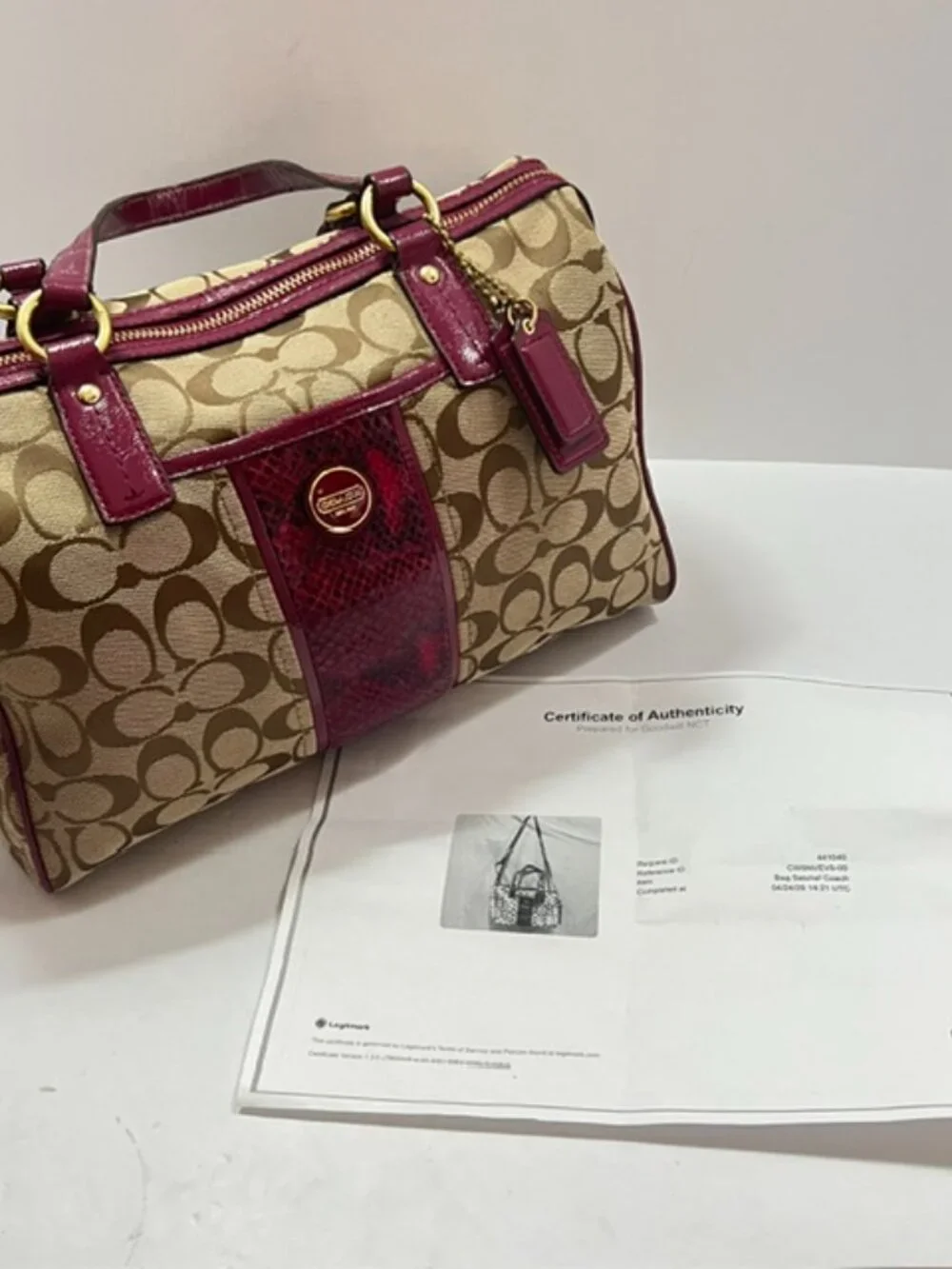 Coach Signature Stripe Python Satchel F24884 in Khaki w/Raspberry Python w/COA